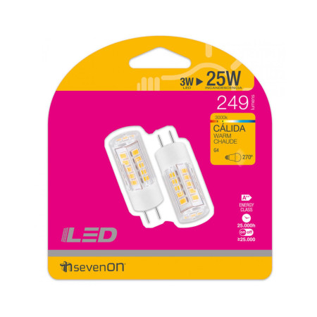 Pack 2 Bombillas LED Bipin G4 3W Equi.25W 249lm 3000K 25000H 7hSevenOn Bombillas LED 4