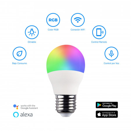 Lâmpada LED Esférica WiFi Inteligente E27 5W Equi.35W 470lm RGBWW Regulável via Smartphone/APP 25000H 7hSevenOn Home Lâmpadas In