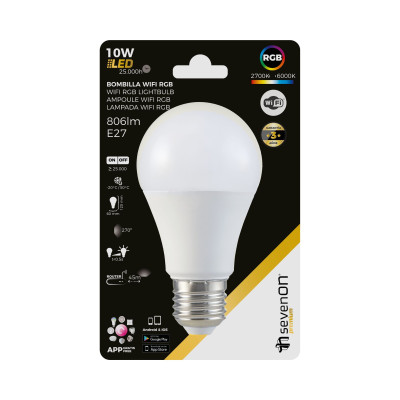 Lâmpada LED Inteligente WiFi Padrão E27 10W Equi.60W 806lm RGBWW Regulável via Smartphone/APP 25000H 7hSevenOn Premium Lâmpadas 