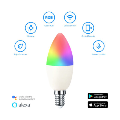 Bombilla LED Vela Smart WiFi E14 5W Equi.35W 450lm RGBWW Regulable vía Smartphone/APP 25000H 7hSevenOn Premium Bombillas Intelig