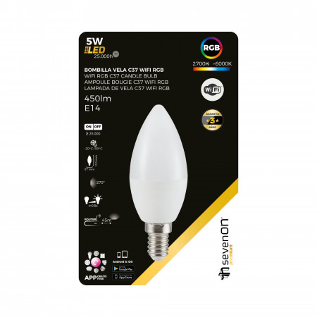 Lâmpada LED Vela Inteligente WiFi E14 5W Equi.35W 450lm RGBWWW Regulável via Smartphone/APP 25000H 7hSevenOn Premium Lâmpadas In