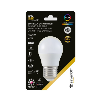 Bombilla LED Esférica Smart WiFi E14 5W Equi.35W 450lm RGBWW Regulable vía Smartphone/APP 25000H 7hSevenOn Premium Bombillas Int