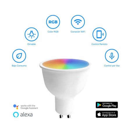 Bombilla LED Spotlight Smart WiFi GU10 5W Equi.25W 380lm RGBWW Regulable vía Smartphone/APP 25000H 7hSevenOn Premium Bombillas I