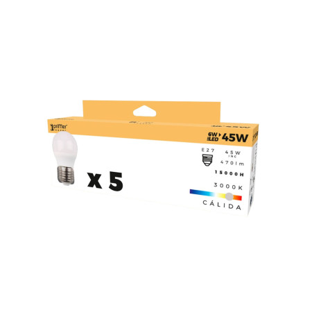 Pack 5 Bombillas LED Esférica E27 6W Equi.40W 470lm 15000H Primer Leader Bombillas LED 4