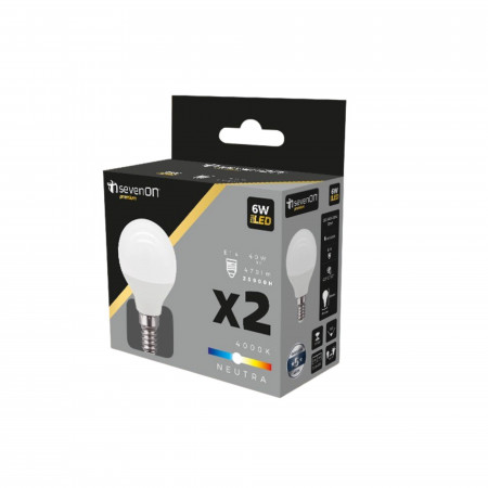 Pack 2 Bombillas LED Esférica E14 6W Equi.40W 470lm 25000H 7hSevenOn Premium Bombillas LED 4