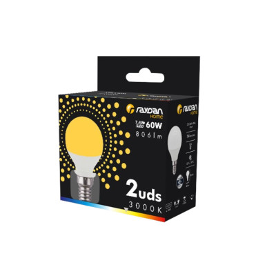 Pack 2 Bombillas LED Esférica E14 7,4W Equi.60W 806lm 15000H Raydan Home Bombillas LED 4