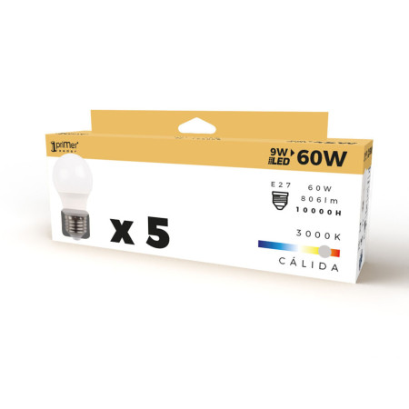 Pack 5 Lâmpadas LED Standard E27 9W Equi.60W 806lm 3000K 15000H Primer Leader Lâmpadas LED 4