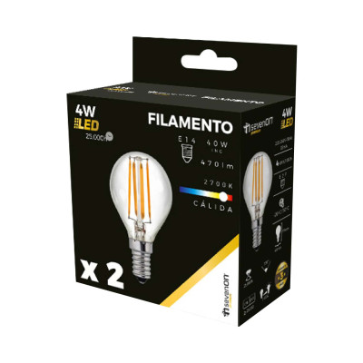 Pack 2 Bombillas LED Filamento Esféricas E14 4W Equi.40W 470lm 2700K 25000H 7hSevenOn Premium Bombillas LED 4