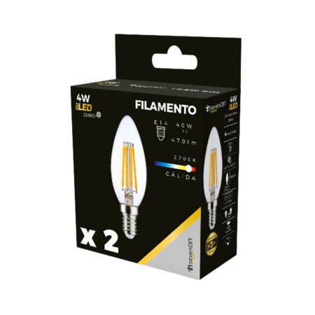 Pack 2 Lâmpadas LED Vela de Filamento E14 4W Equi.40W 470lm 2700K 25000H 7hSevenOn Premium Lâmpadas LED 4
