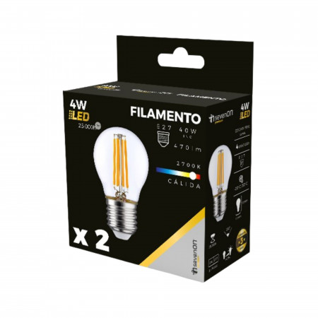 Pack 2 Lâmpadas LED de Filamento Esférico E27 4W Equi.40W 470lm 2700K 25000H 7hSevenOn Premium Lâmpadas LED 4