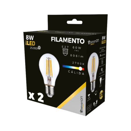 2er-Pack Standard-LED-Glühfadenlampen E27, 8 W (entspricht 60 W), 806 lm, 2700 K, 25.000 Std. 7hSevenOn Premium