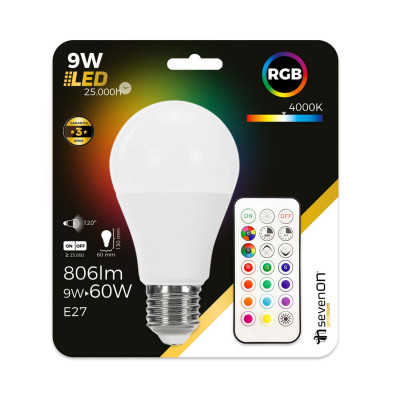 Bombilla LED Estándar E27 9W Equi.60W 806lm RGB con Mando a Distancia 25000H 7hSevenOn Premium Bombillas LED 5