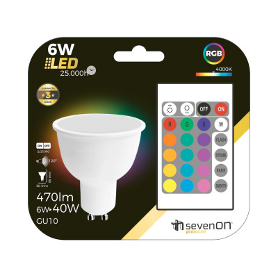 LED-Spotlight-Lampe GU10, 6 W (entspricht 40 W), 470 lm, RGB, mit Fernbedienung, 25.000 Std. 7hSevenOn Premium