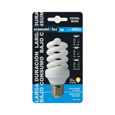 Bombilla CFL Bajo Consumo Mini Espiral E27 9W 495lm 2700K Economiklas Iluminación Bajo Consumo 4