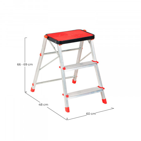 Taburete de Aluminio con 3 Peldaños Gris/Rojo 89x48x50cm O91 Escaleras 2