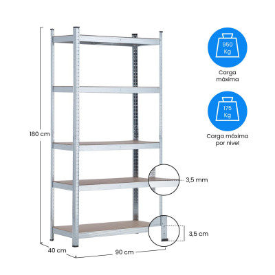Pack 2 Estanterías Modulares Galvanizadas con 5 Baldas Ajustables 180x90x40cm 875Kg Thinia Home Estanterías 6