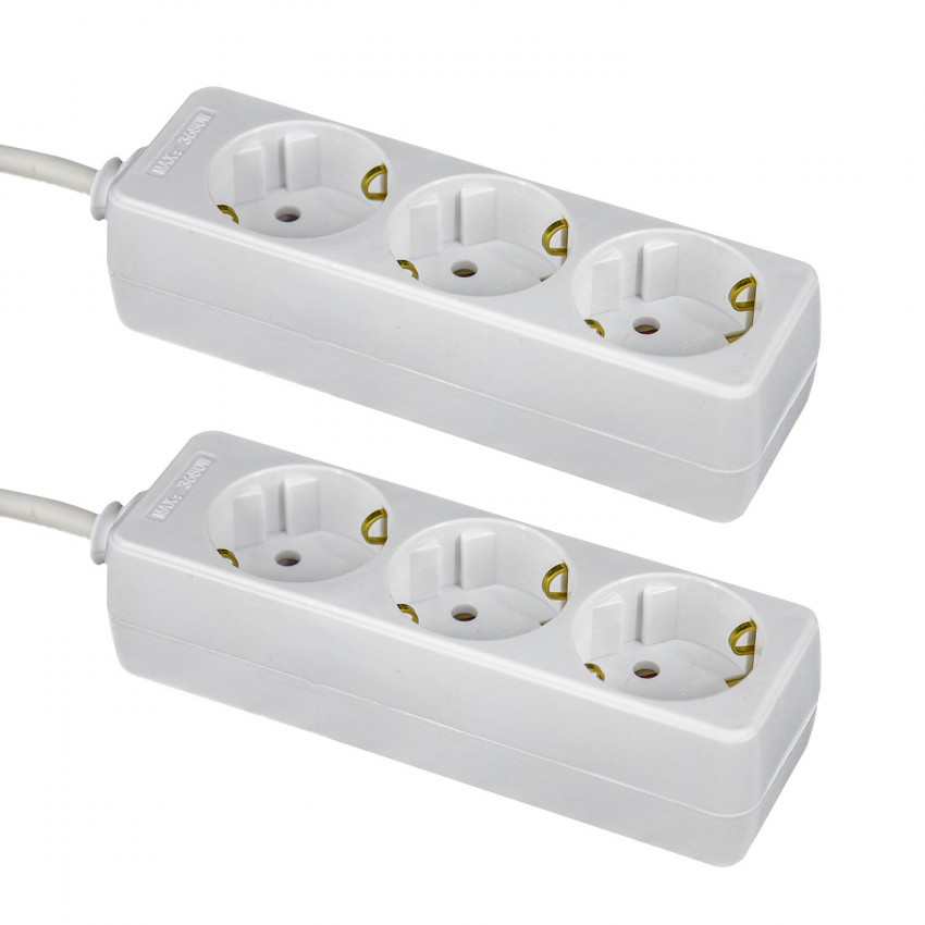Pack 2 Regletas 3 Enchufes Schuko 1m Blanco sin Interruptor 7hSevenOn Bases Múltiples 1