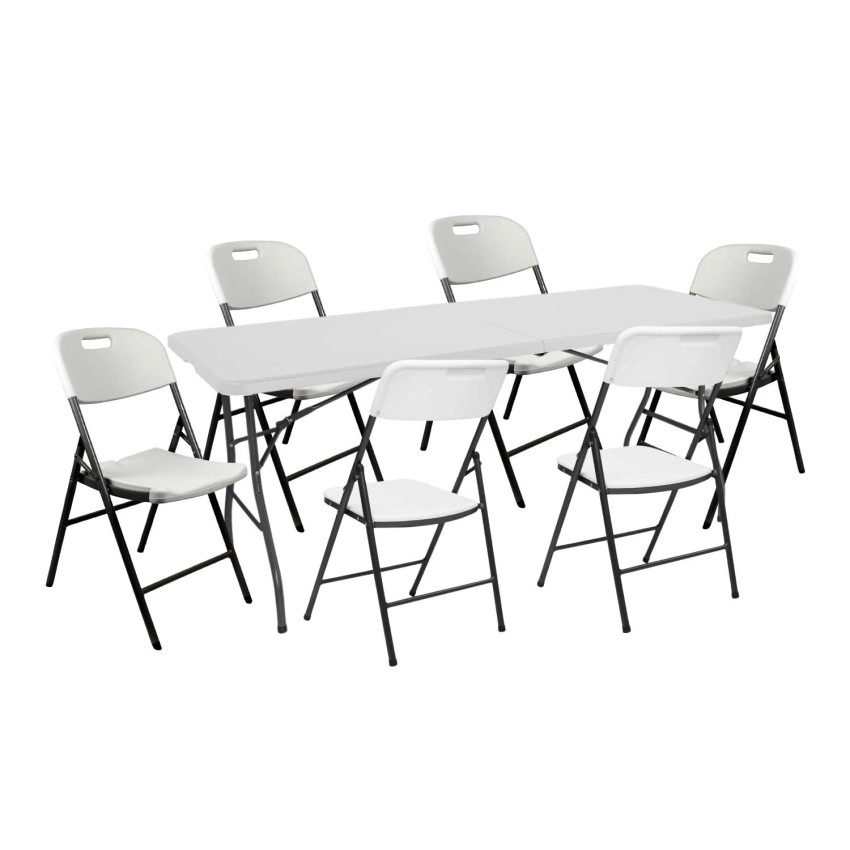 Set pieghevole composto da tavolo da 180 cm e 6 sedie con manico, modello “Catering” 7house