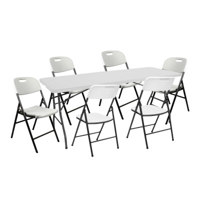 Set pieghevole composto da tavolo da 180 cm e 6 sedie con manico, modello “Catering” 7house