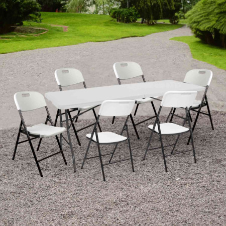 Set pieghevole composto da tavolo da 180 cm e 6 sedie con manico, modello “Catering” 7house