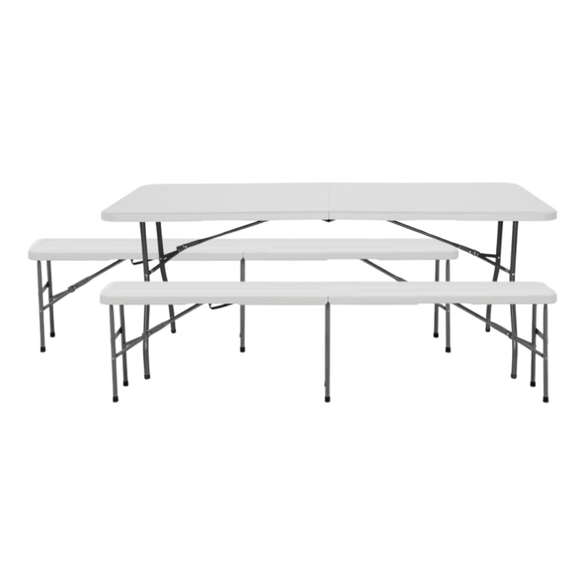 Zusammenklappbares Set aus einem Tisch und zwei Bänken à 180 cm für den Catering-Bereich Thinia Home