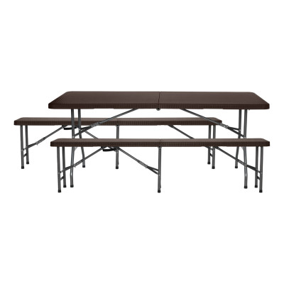 Conjunto Plegable Mesa con 2 Bancos de 180cm Catering Efecto Ratán 7house Conjuntos de Jardín 1