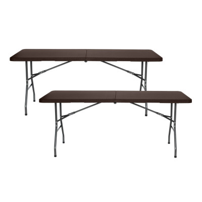 Pack 2 Mesas Plegables Portátiles Resina 180cm Marrón Efecto Ratán O91 Mesas Plegables 1