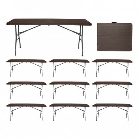 MegaPack 10 Mesas Plegables Portátiles Resina 180cm Marrón Efecto Madera 7house Mesas Plegables 1