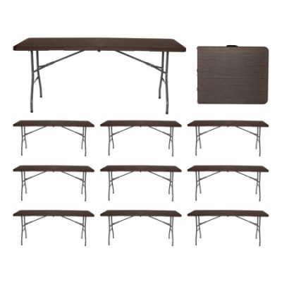 MegaPack 10 Mesas Plegables Portátiles Resina 180cm Marrón Efecto Madera 7house Mesas Plegables 1