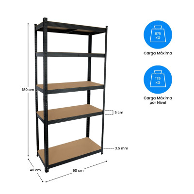 Scaffale modulare in metallo con 5 ripiani, portata 875 kg, nero, 90x40x180 cm, 7house Scaffali 6