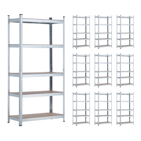 MegaPack 10 : rayonnages modulaires métalliques avec 5 tablettes, capacité de charge de 875 kg, finition argentée, dimensions 90