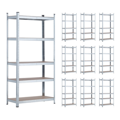 MegaPack 10 : rayonnages modulaires métalliques avec 5 tablettes, capacité de charge de 875 kg, finition argentée, dimensions 90
