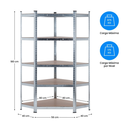 Estantería Esquinera Modular Metálica con 5 Baldas 875kg Plateado 80x40x180cm 7house Estanterías 6
