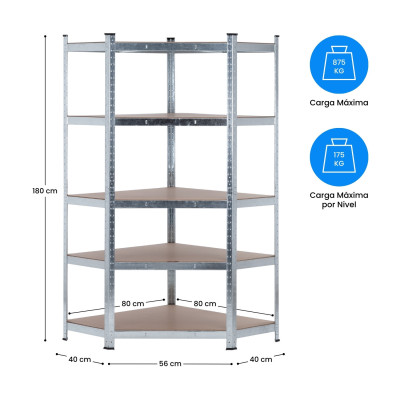 Estantería Esquinera Modular Metálica con 5 Baldas 875kg Plateado 80x40x180cm 7house Estanterías 6