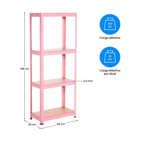 Scaffale modulare in metallo con 4 ripiani, portata 240 kg, rosa, 60x30x148 cm 7house