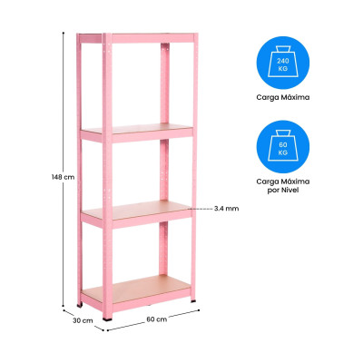Estantería Modular Metálica con 4 Baldas 240kg Rosa 60x30x148cm 7house Estanterías 4