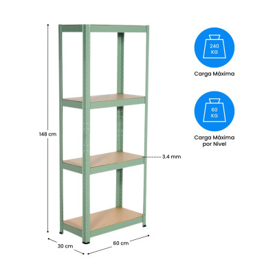 Estantería Modular Metálica con 4 Baldas 240kg Verde 60x30x148cm 7house Estanterías 4