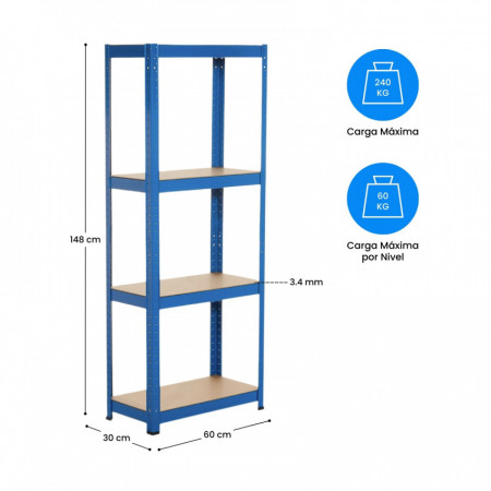 Estantería Modular Metálica con 4 Baldas 240kg Azul 60x30x148cm 7house Estanterías 4