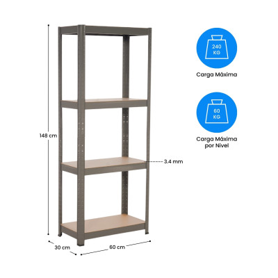 Estantería Modular Metálica con 4 Baldas 240kg Gris 60x30x148cm 7house Estanterías 4