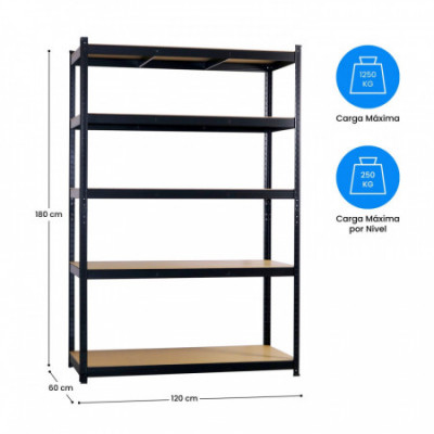 Pack 2 Estanterías Modulares Metálicas con 5 Baldas 1250kg Negro 120x60x180cm 7house Estanterías 5