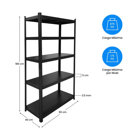 Étagère modulaire métallique à 5 tablettes, 875 kg, noire, 90 x 40 x 180 cm 7house