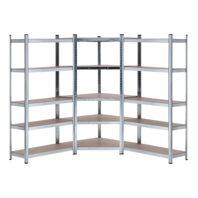 Lot de 2 rayonnages modulaires et 1 meuble d'angle à 5 tablettes, capacité de charge de 2 625 kg, dimensions : 136 x 40 x 180 cm