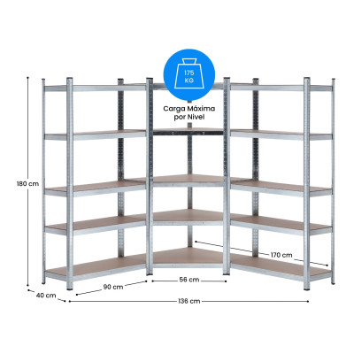 Set aus 2 modularen Regalen und 1 Eckregal mit 5 Fachböden, 2.625 kg, 136 × 40 × 180 cm Thinia Home
