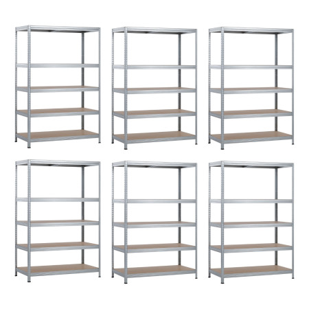Lot de 6 rayonnages modulaires métalliques à 5 tablettes, capacité de charge de 1 250 kg, dimensions : 120 x 60 x 180 cm Thinia 
