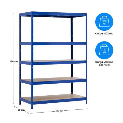 Lot de 6 rayonnages modulaires métalliques à 5 tablettes, capacité de charge de 1 250 kg, dimensions : 120 x 60 x 180 cm Thinia 