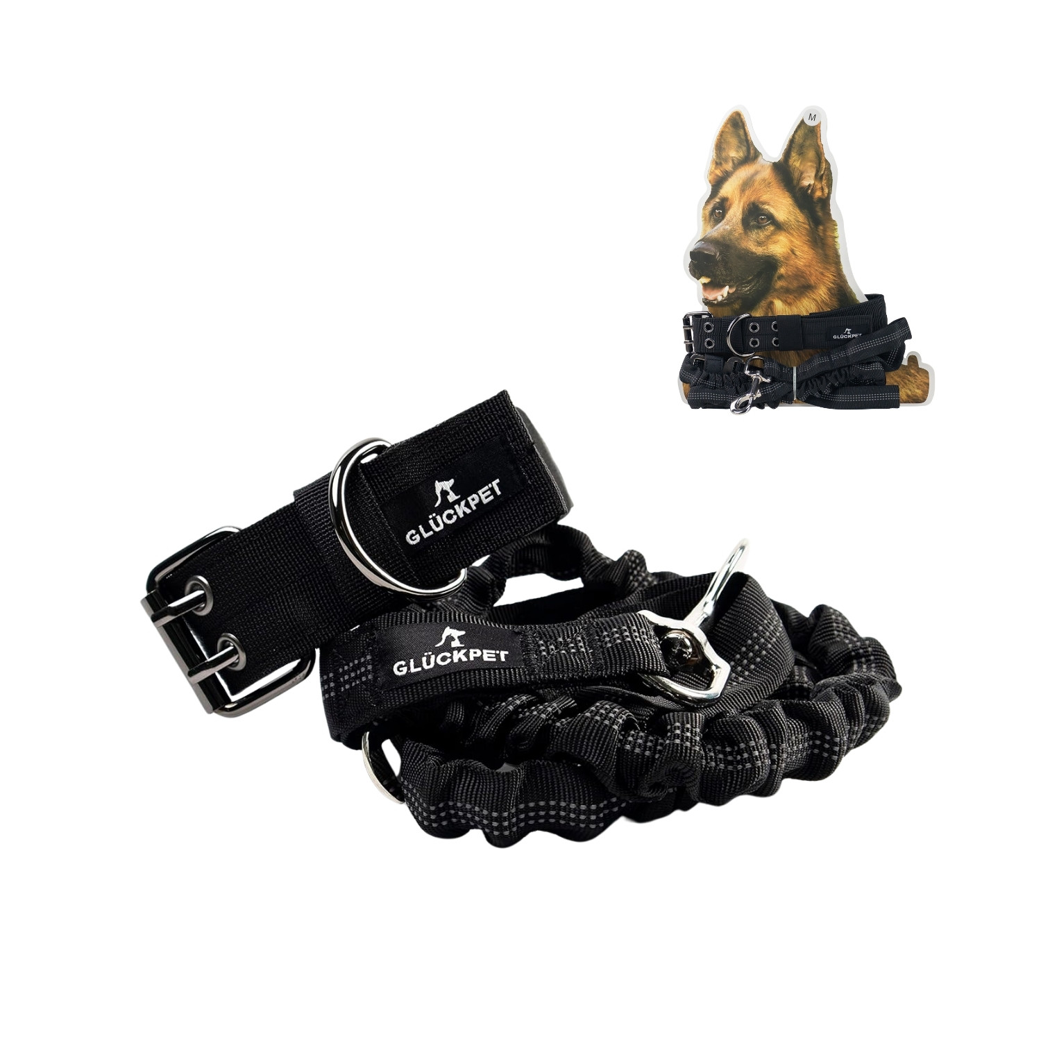 Collar y Correa para Perro Reflectante con Enganche para Coche Talla M Negro Glückpet