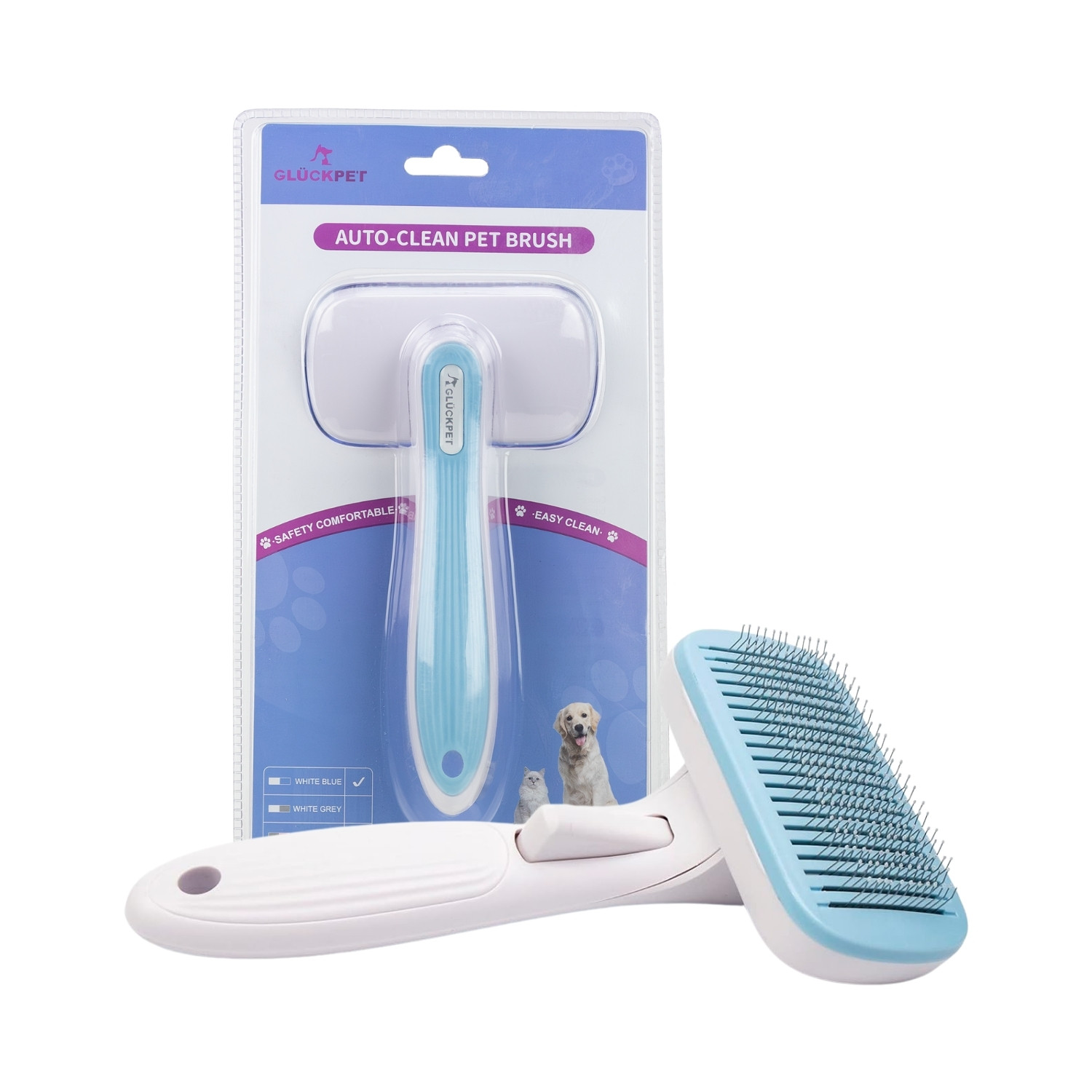 Cepillo para Gatos y Perros Rectangular Autolimpiable Antienredos con Botón de Liberación Glückpet