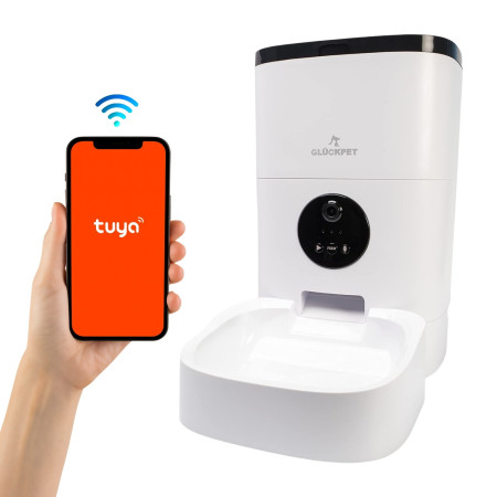Mangiatoia automatica per cani e gatti con telecamera Wi-Fi e controllo tramite app, 4 L, bianca, Glückpet