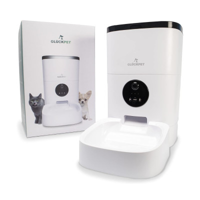 Automatischer Futterautomat für Hunde und Katzen mit WLAN-Kamera und App-Steuerung, 4 l, weiß, Glückpet