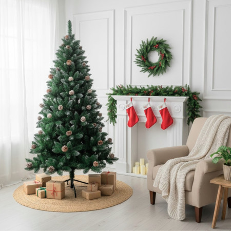 Grüner künstlicher Weihnachtsbaum „Montreal“ mit dekorativen Tannenzapfen und Metallfuß, 180 cm Dayron